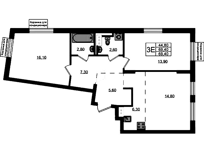 2-комнатная квартира 69.4 м², 2/9 эт., ЖК «Курортный квартал»